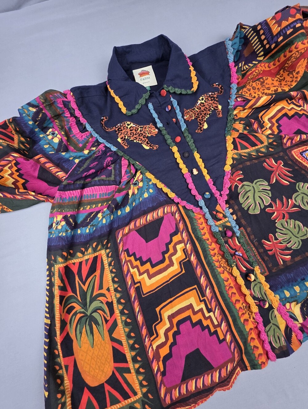 FARM Rio Patchwork Tapestry Blouse XS Jungle Leopard Print Colorful Tropical Top